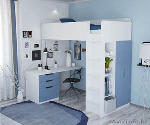 Кровать-чердак 5 в 1 Polini Simple с письменным столом и шкафом (белый-синий) - Изображение #2, Объявление #1584990